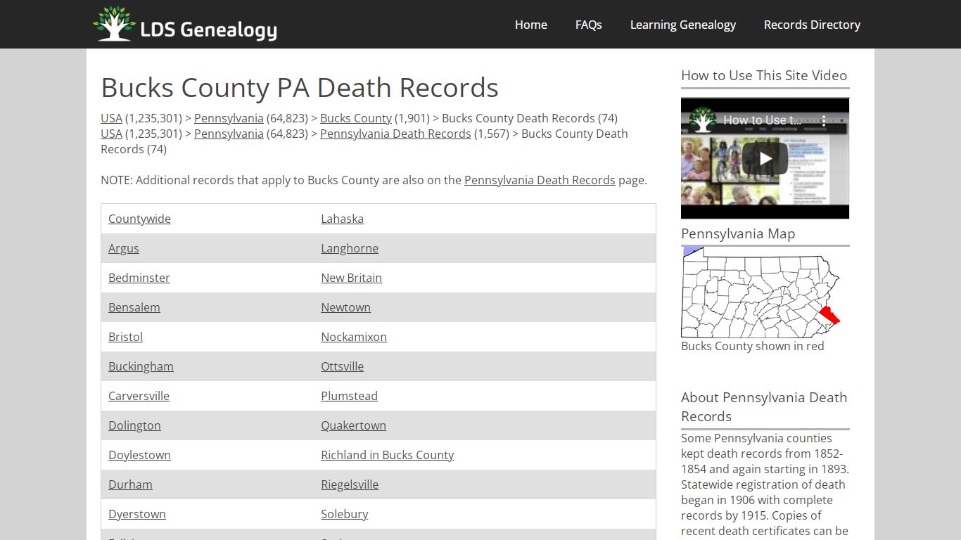 Bucks County PA Death Records - LDS Genealogy