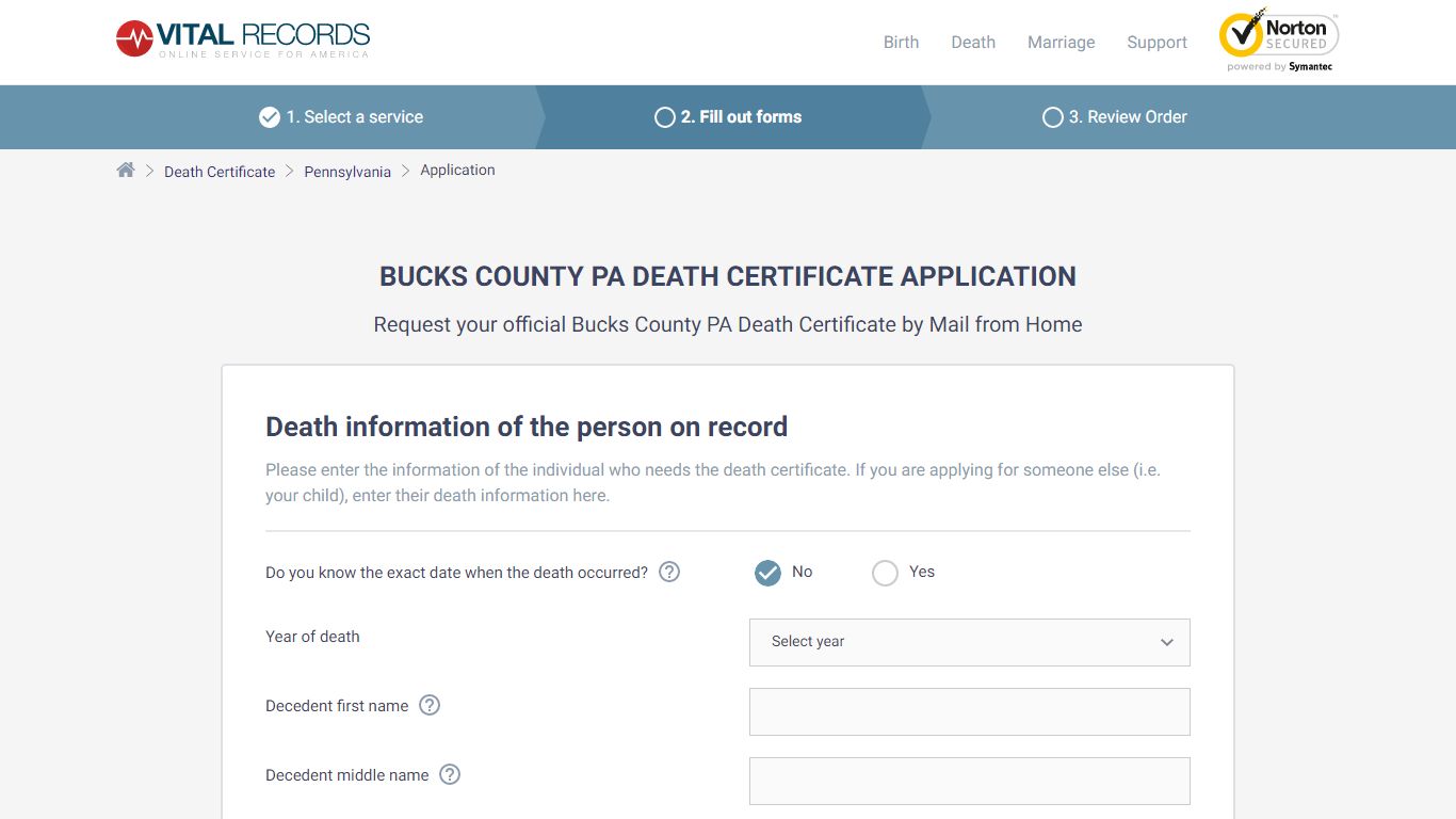 Bucks County PA Death Certificate Application